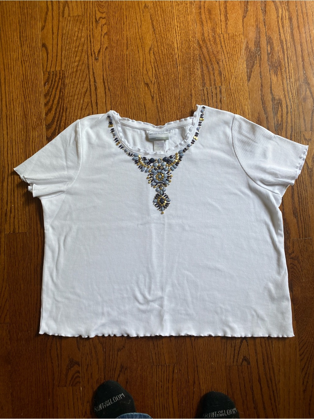 Alfred Dunner White Short Sleeve Top with Blue & Gold Beaded Neckline